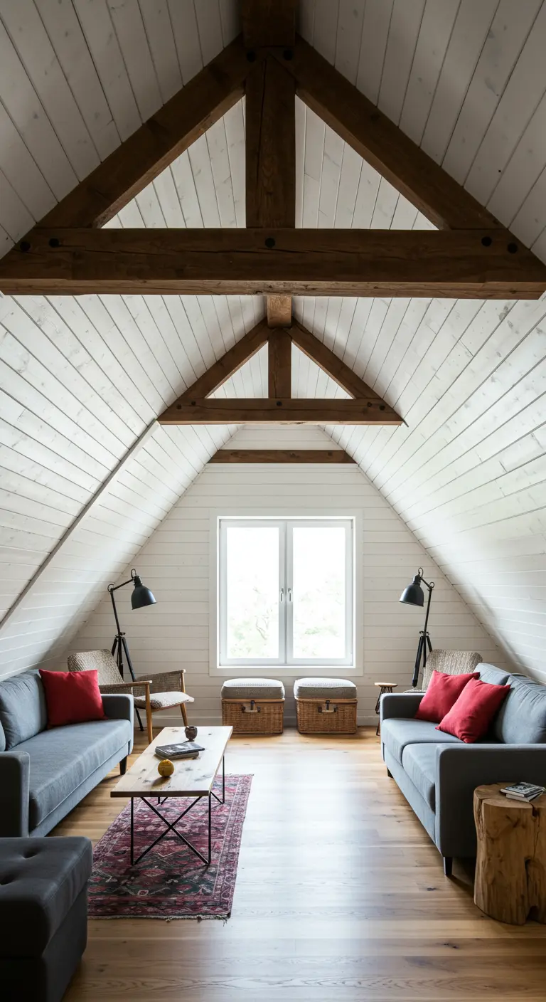 Symmetrical attic living space with exposed wood beams, two gray sofas, and a central window.