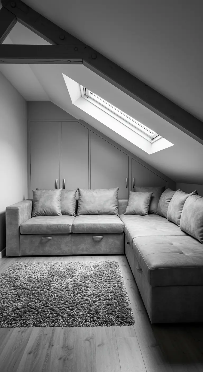 Large gray sectional with storage drawers situated under a skylight in an attic.