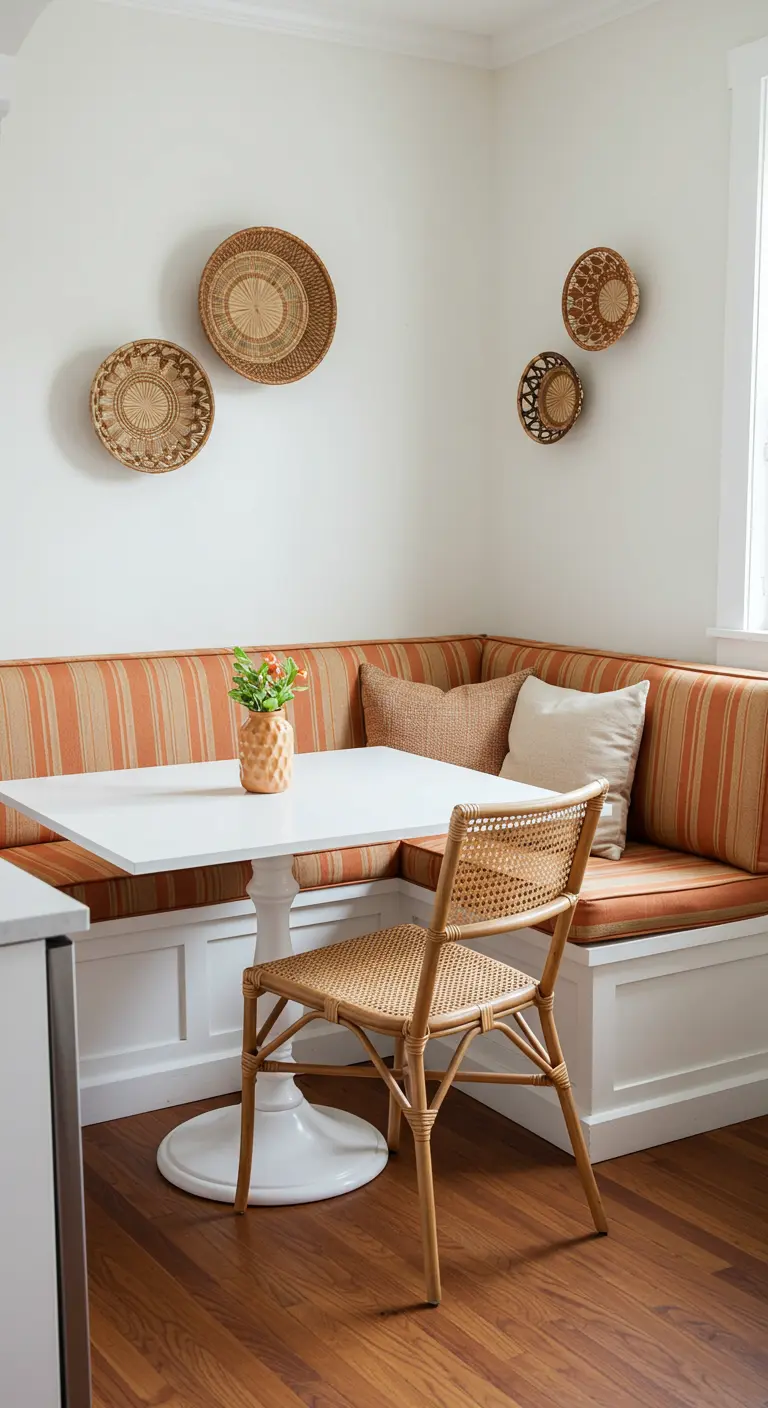 A dining corner with a striped banquette, a white pedestal table, and woven baskets on the wall.