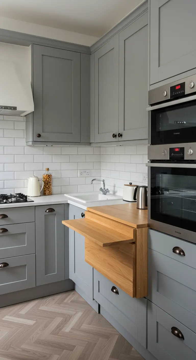 Kitchen with grey shaker cabinets and a clever pull-out butcher block extension.