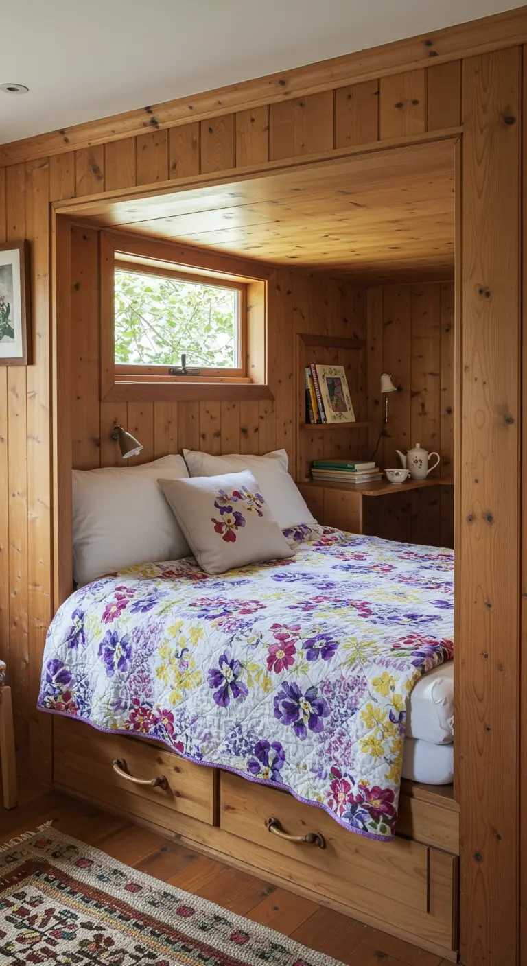 Built-in pine bed nook with storage drawers and a purple floral quilt.