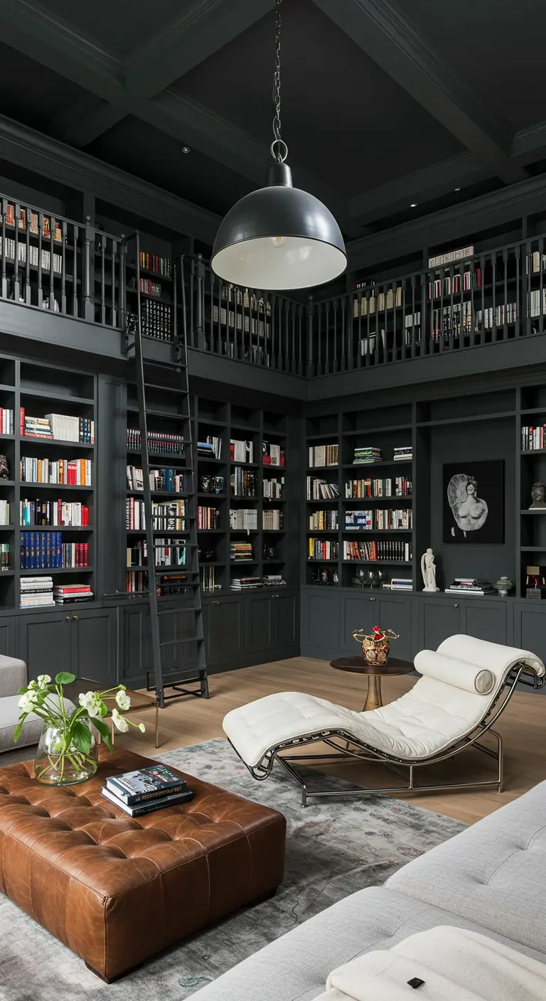 A grand two-story library with charcoal walls and shelves, featuring a white chaise.