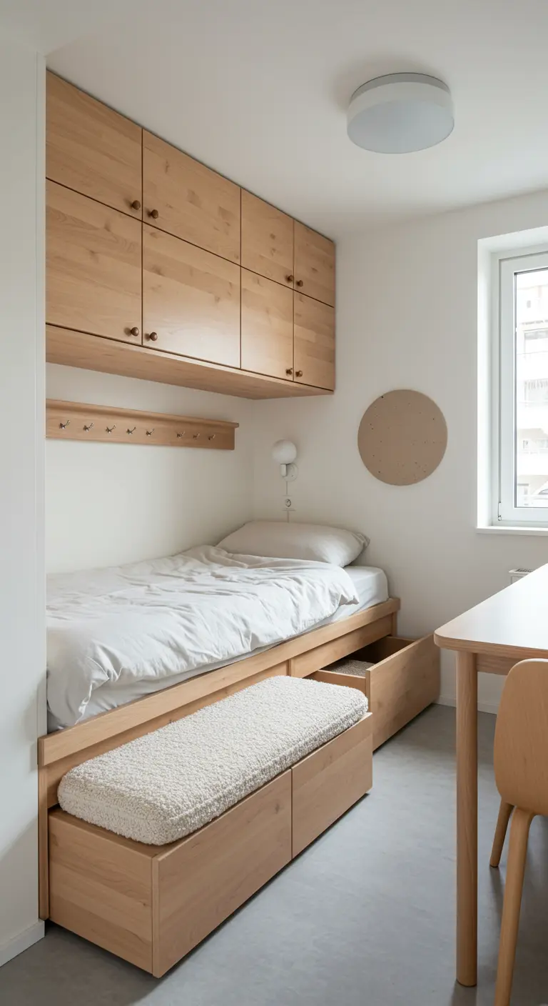 A small bedroom with light wood built-in cabinets over and around the bed.