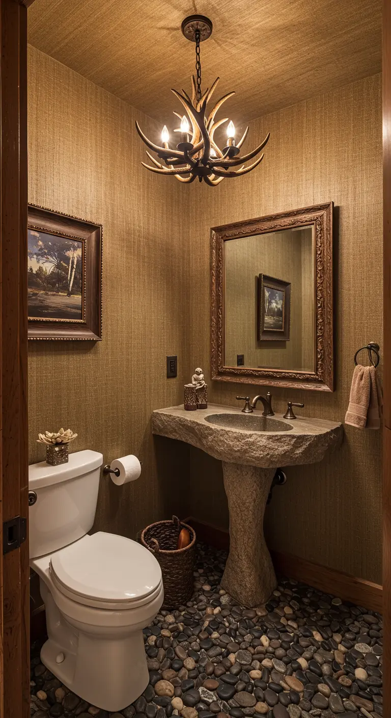 Cozy powder room with grasscloth walls, a stone pedestal sink, and a river rock floor.