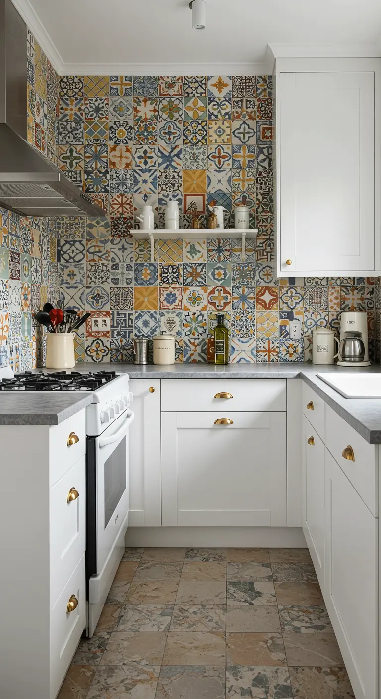A small kitchen with a full wall of colorful patchwork tile and simple white cabinets.