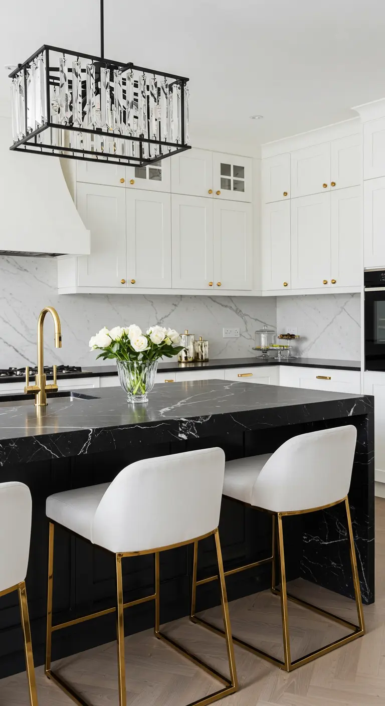 A kitchen with a black marble waterfall island, white velvet stools with gold legs, and a black chandelier.