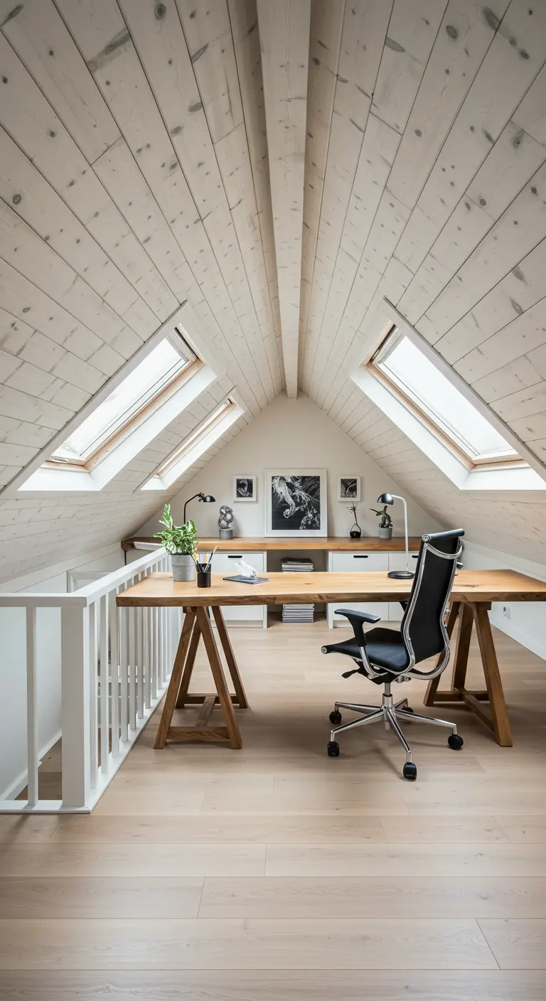 Bright attic office with whitewashed wood paneling, skylights, and a large wood desk.