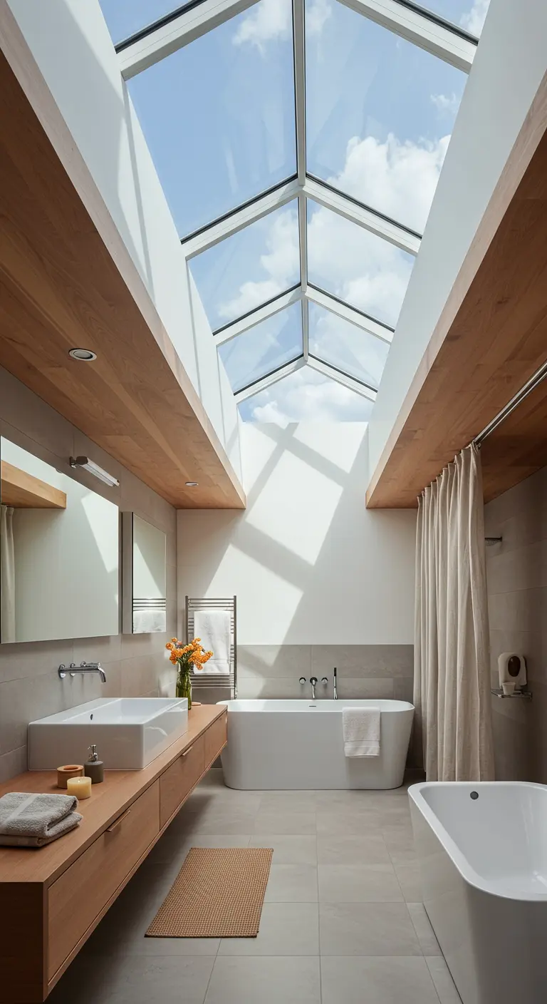 Bathroom with a large glass skylight ceiling and a long wood vanity.