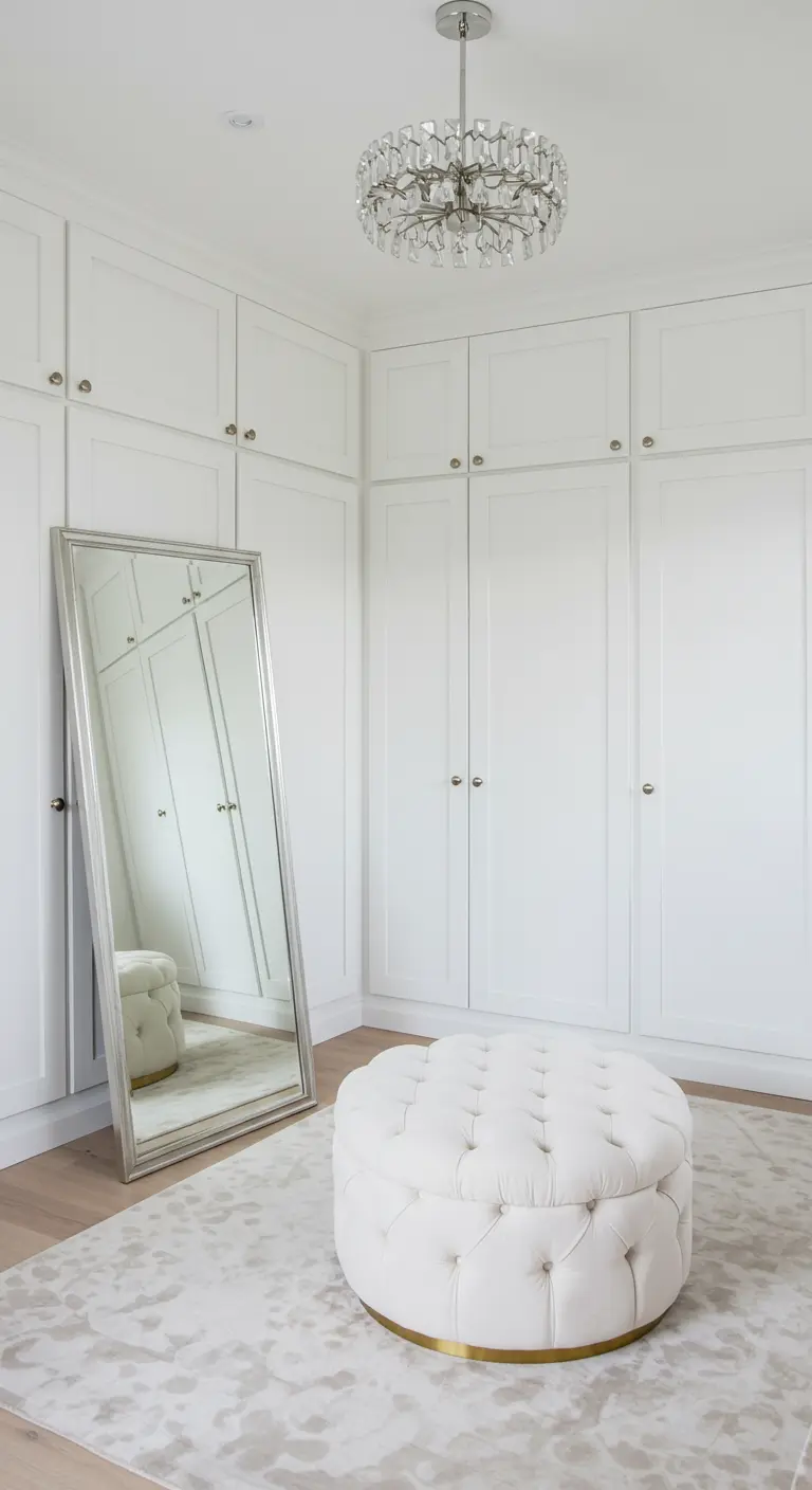 An elegant white dressing room with floor-to-ceiling closets, a large mirror, and a tufted ottoman.