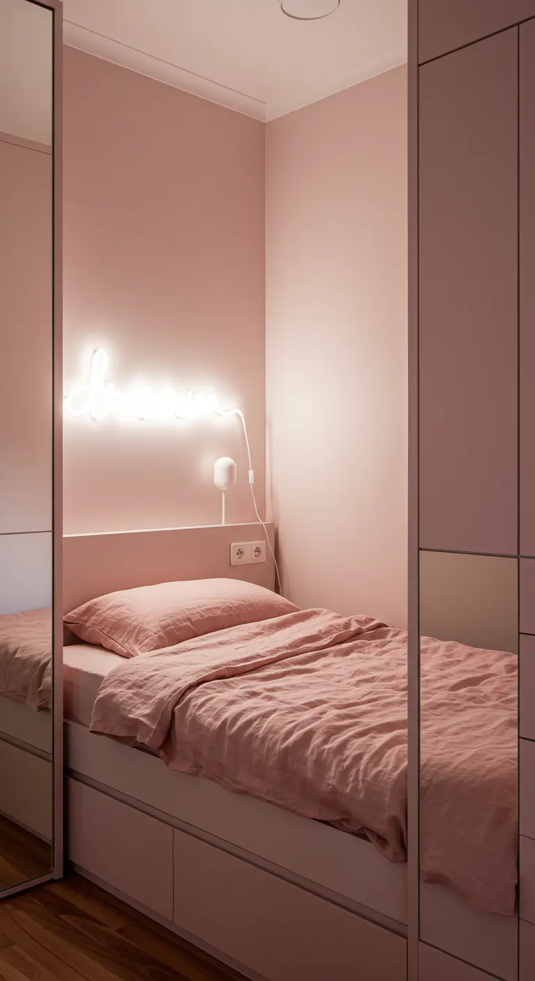 Small pink bedroom with a 'dream' neon sign and mirrored closet doors.