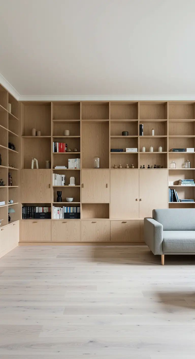 Floor-to-ceiling light oak shelving unit with a mix of open and closed storage.