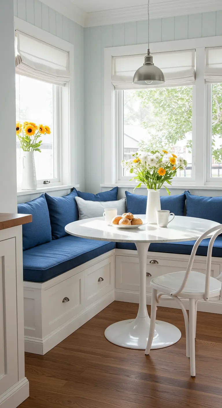 Bright breakfast nook with a white built-in bench, navy cushions, and a round pedestal table.
