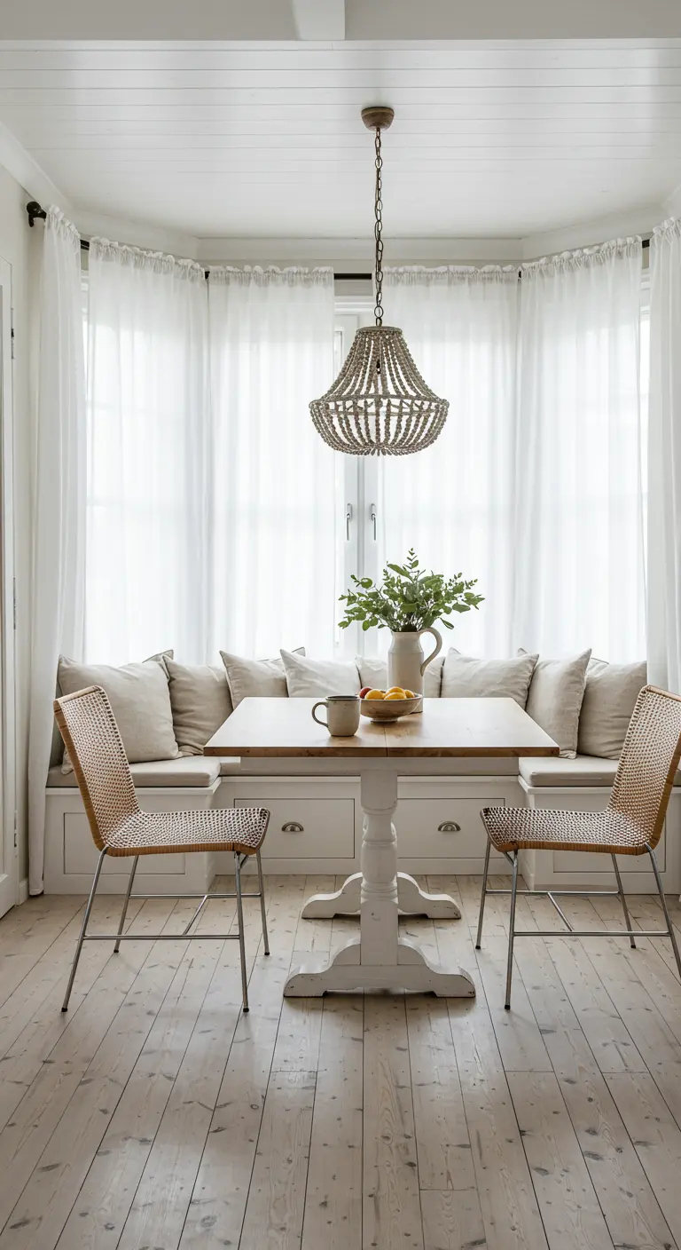 Cozy dining nook with a built-in banquette, square table, and a beaded chandelier.