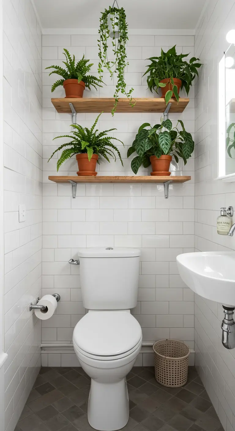Small white-tiled bathroom with two wooden shelves of plants above the toilet.