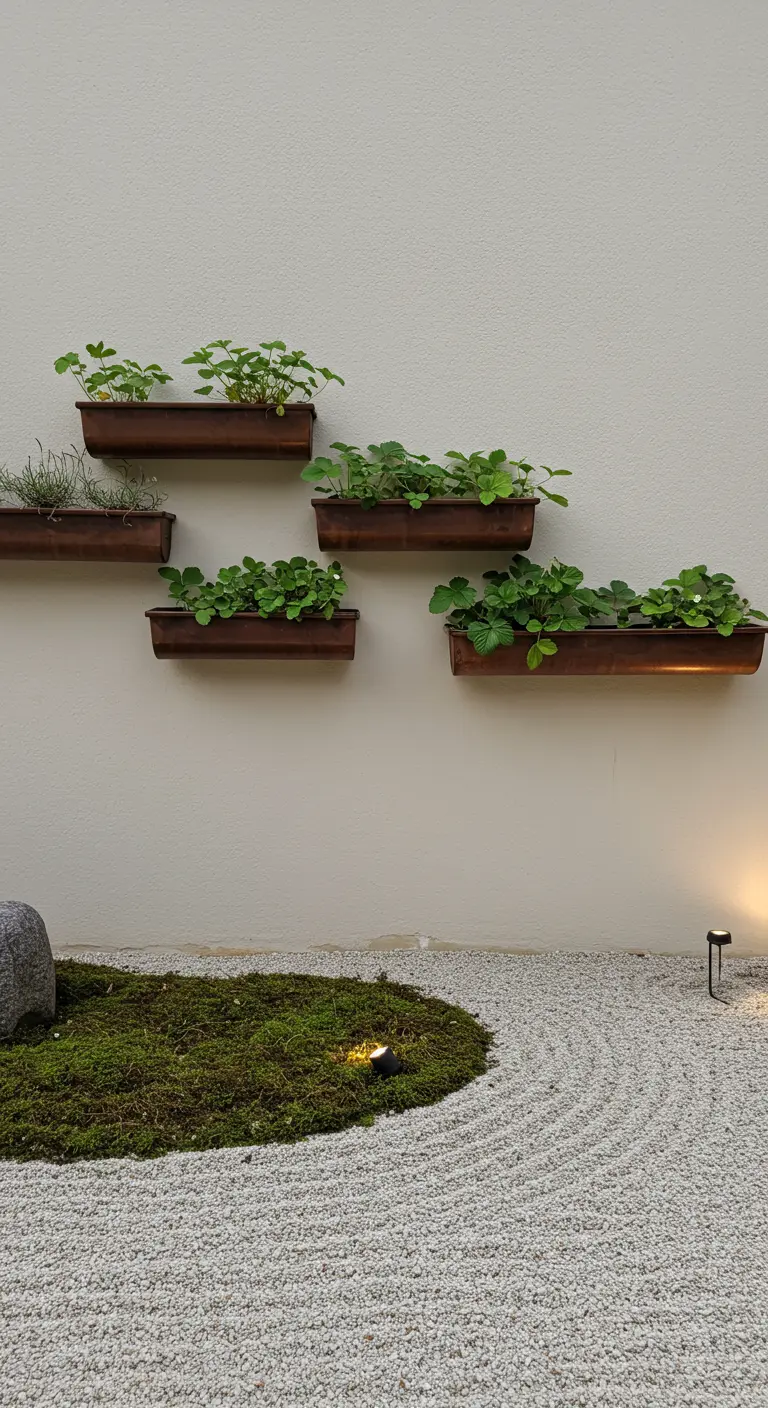 Scattered copper planters on a light wall near a zen garden
