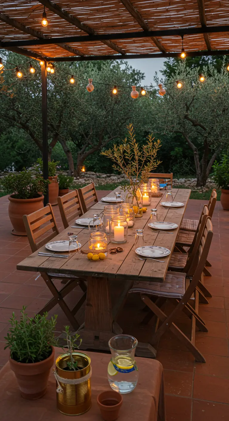 Mediterranean outdoor dining area with a long wooden table, string lights, and jars with candles and olive branches.