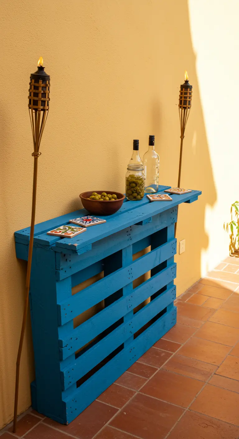 A bright blue freestanding pallet bar stands against a yellow wall, holding drinks and tiki torches.