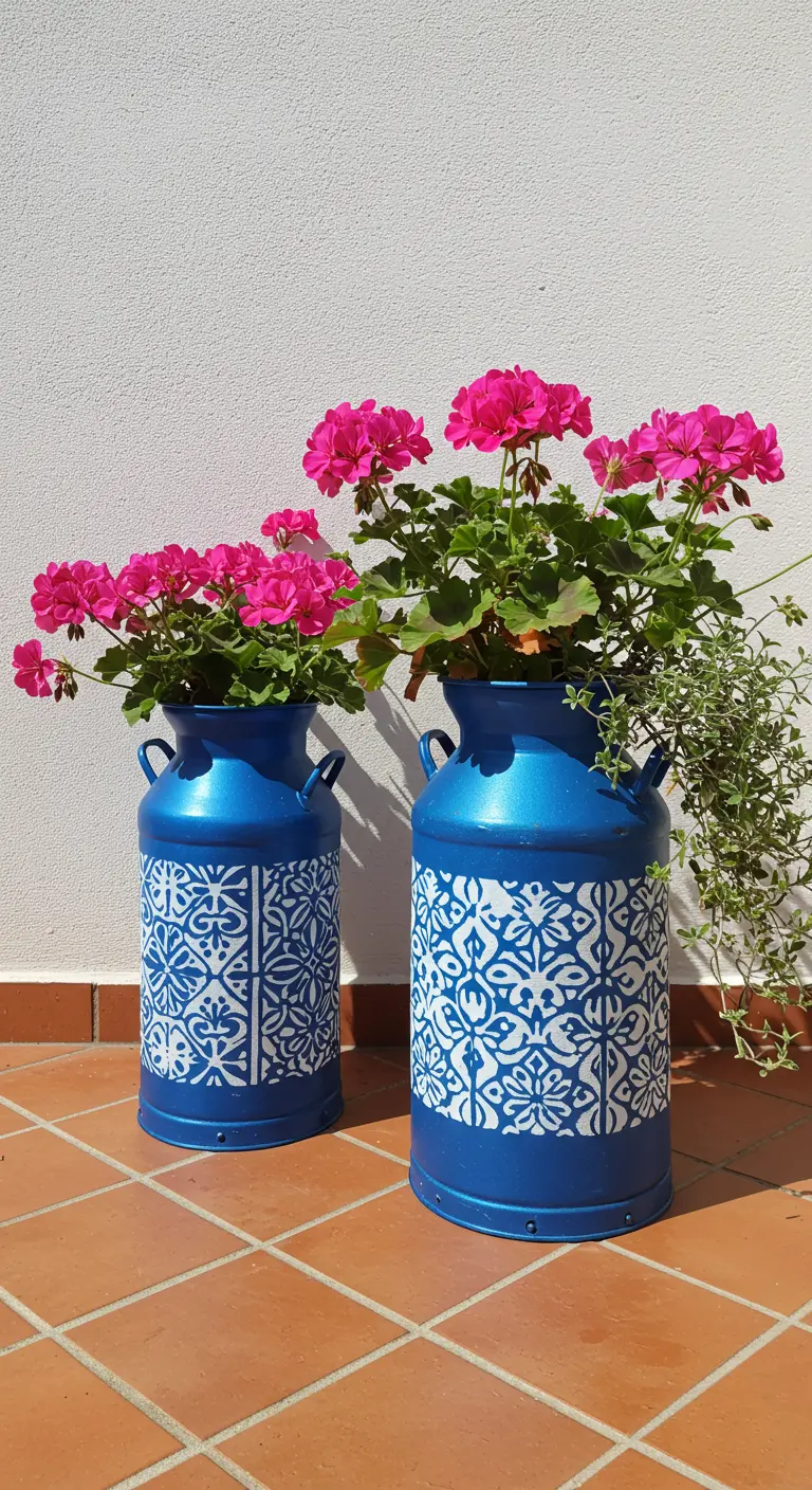 Two bright blue milk cans with white tile-pattern stencils hold vibrant pink geraniums on a terracotta patio.