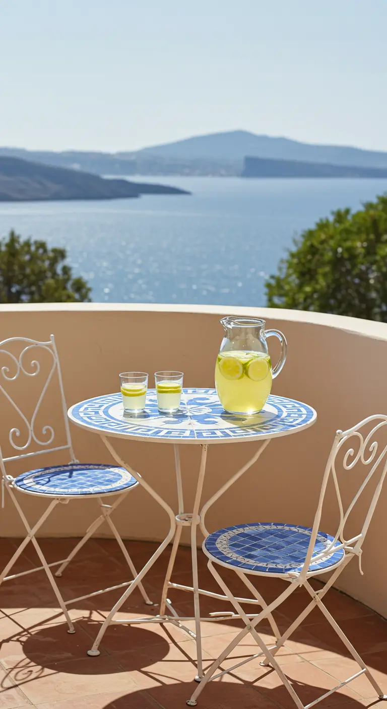 White bistro set with a blue and white mosaic pattern on a balcony overlooking the sea.