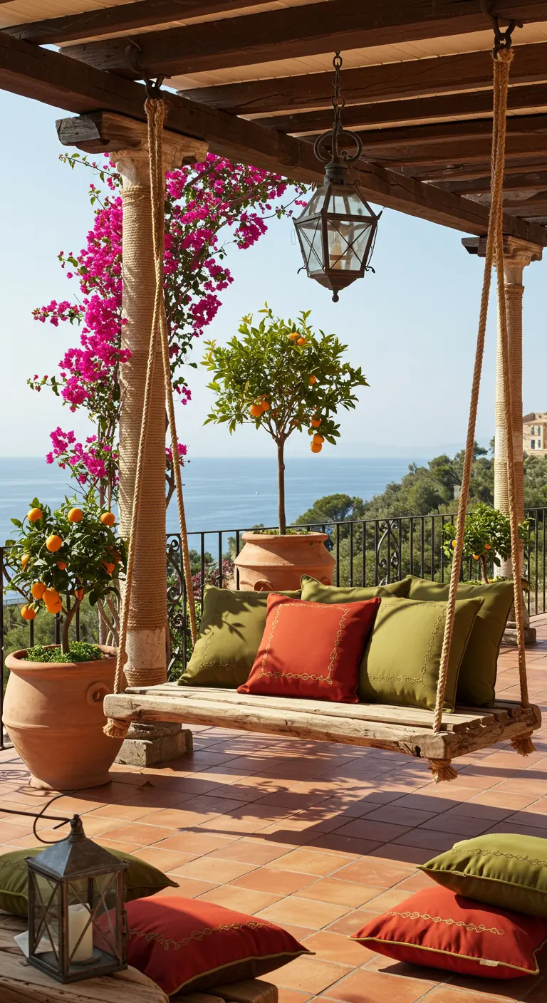 Wooden swing bench with green and orange cushions on a Mediterranean balcony with citrus trees.