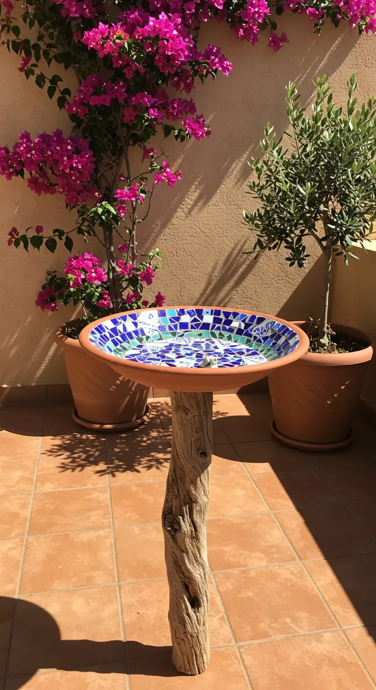 Blue and white mosaic tile birdbath on a weathered driftwood post on a terracotta tiled patio.