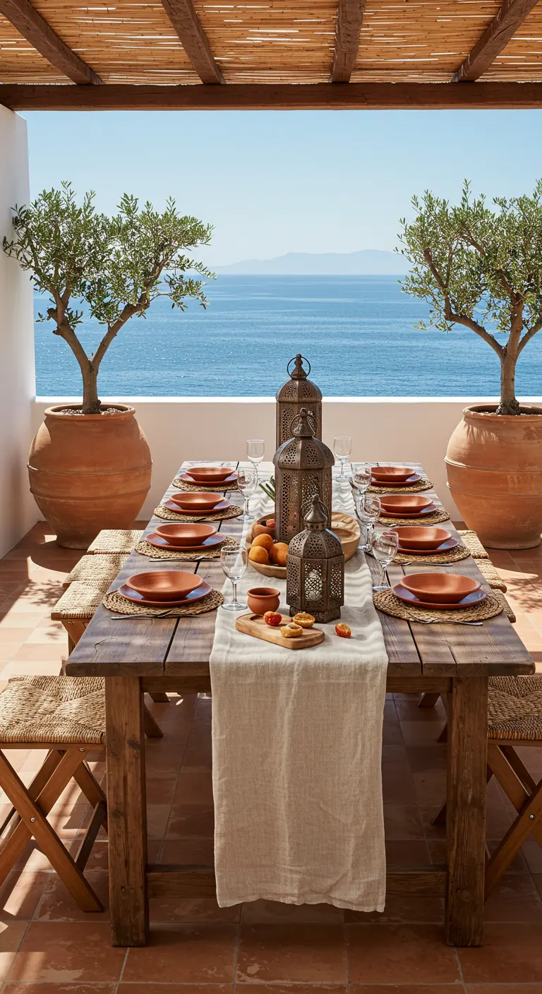 Long wooden table with olive trees on a terrace overlooking the sea.