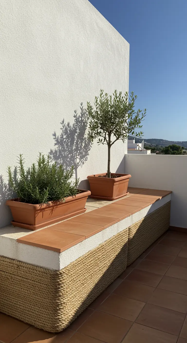 A white bench base wrapped in rope, topped with terracotta tiles and planters on a sunny terrace.