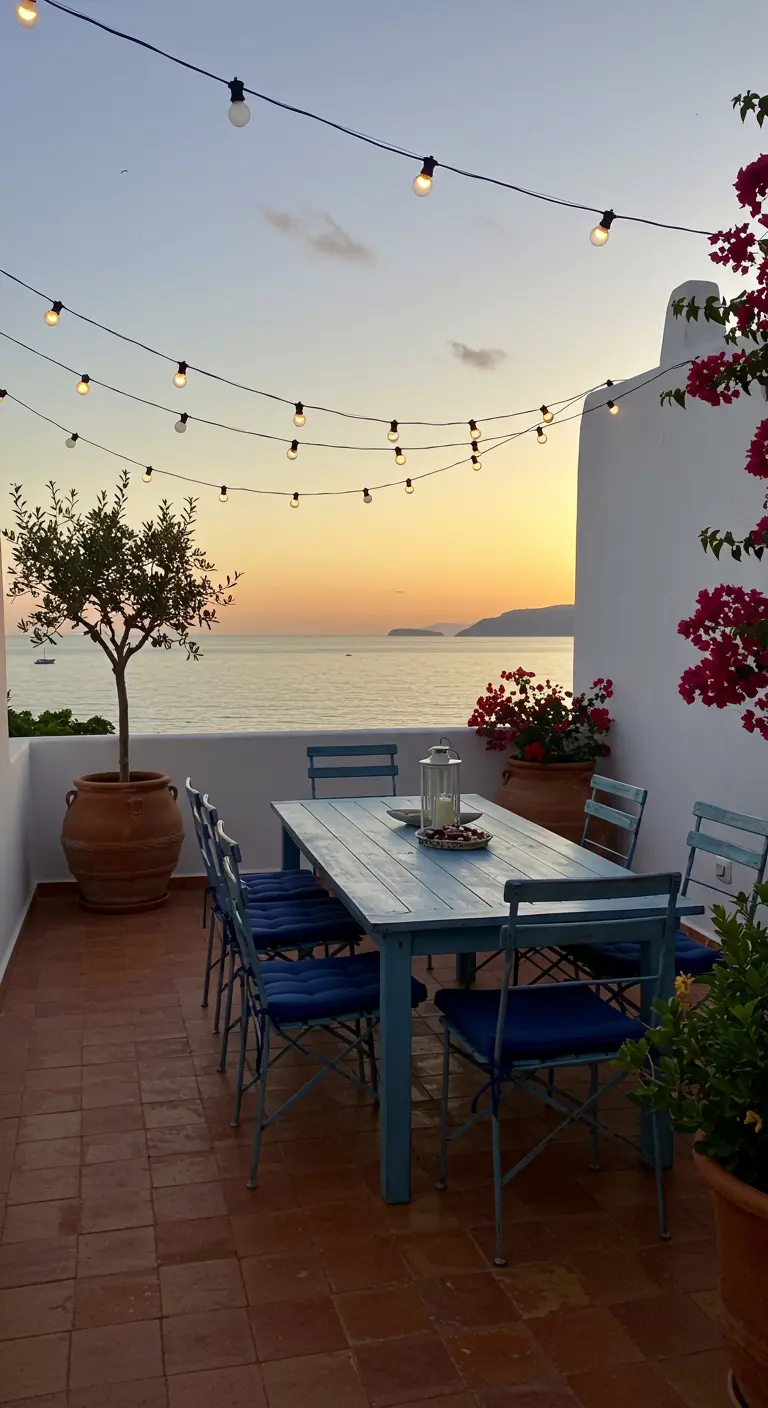 A Mediterranean terrace with a blue table overlooking the sea at sunset.