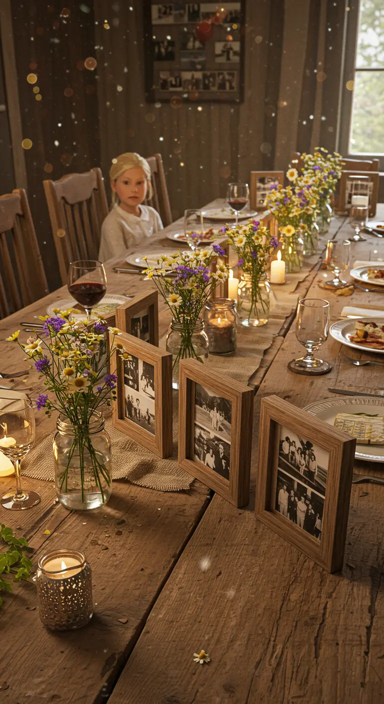 Wooden photo frames and jars of wildflowers line a rustic wooden table.