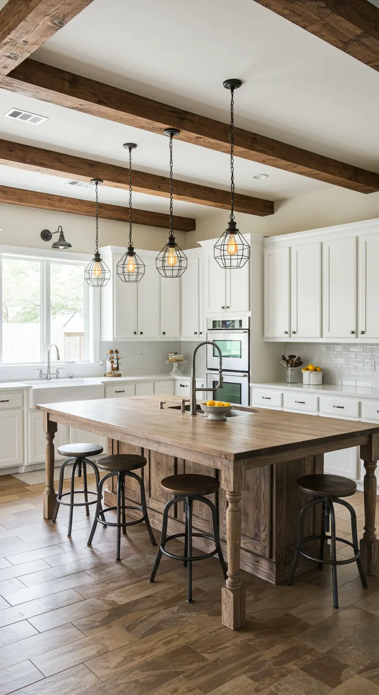 Modern farmhouse kitchen with white cabinets, a large wood island, and caged industrial pendants.