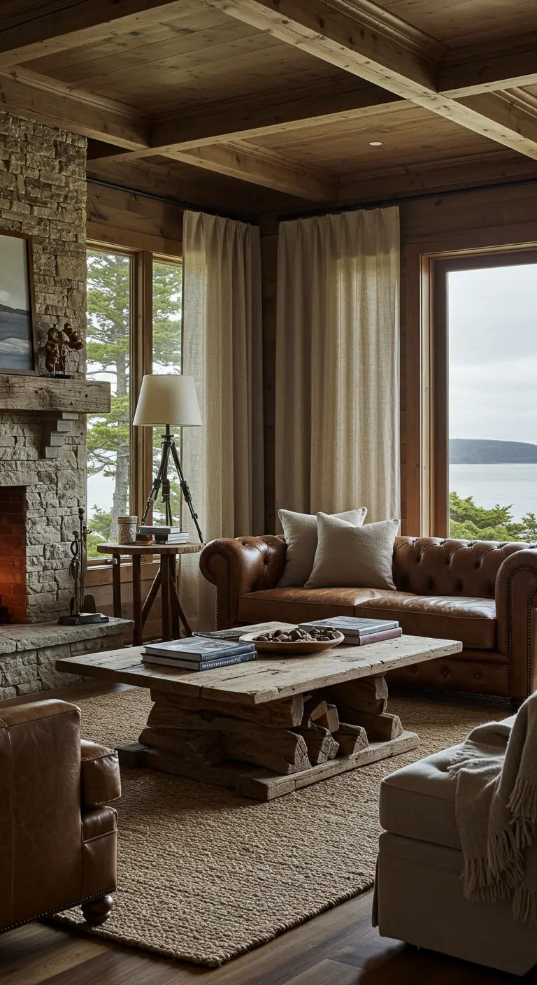 Rustic living room with a stone fireplace, leather sofa, and natural linen curtains.