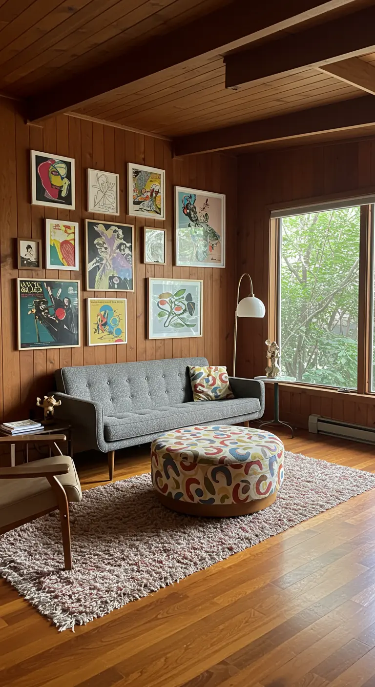 Mid-century living room with wood paneling, abstract art, and a colorful circular ottoman.