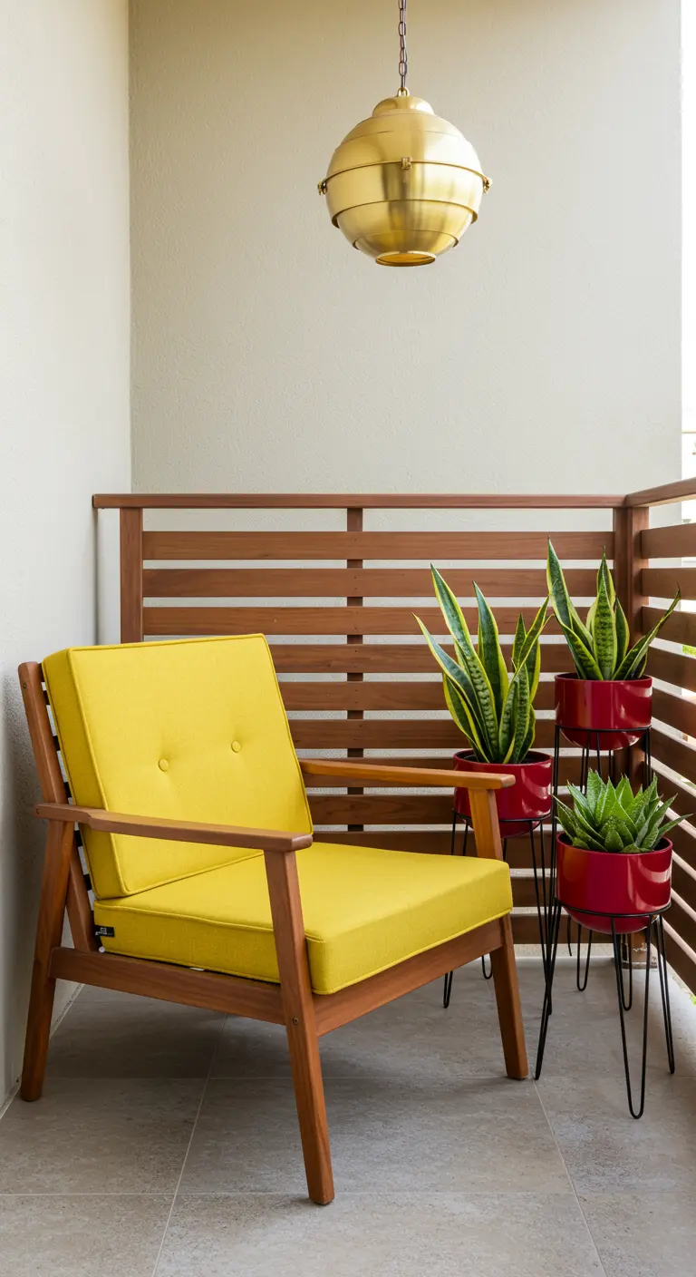 A mid-century modern armchair with bright yellow cushions next to red planters on hairpin stands.