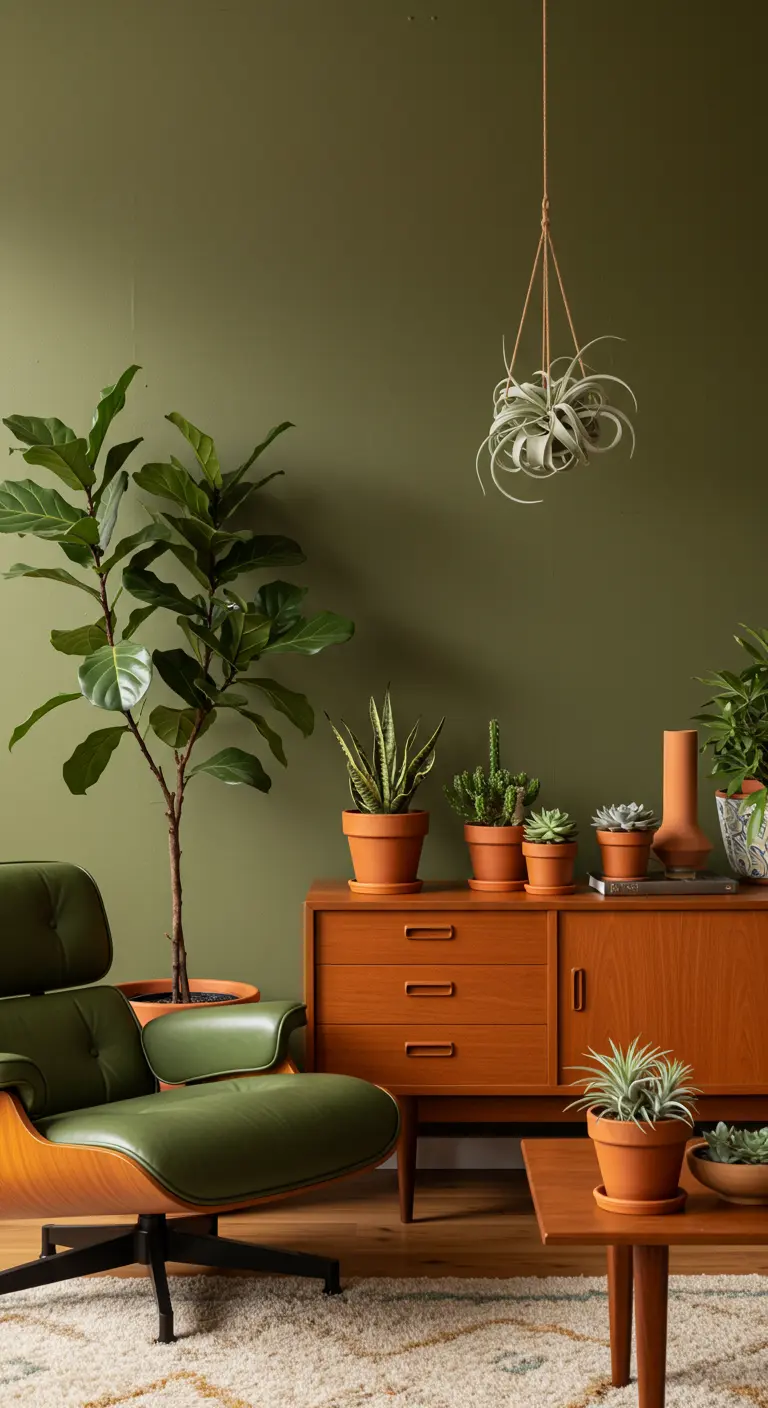 Mid-century modern living room with an olive green wall, wood credenza, and various plants.