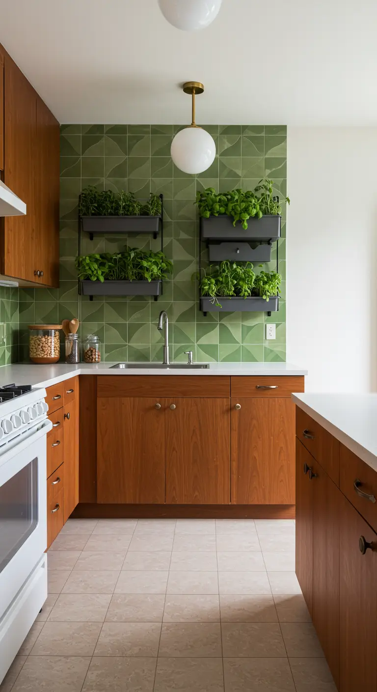 Mid-century modern kitchen with wood cabinets and a geometric green tiled accent wall.