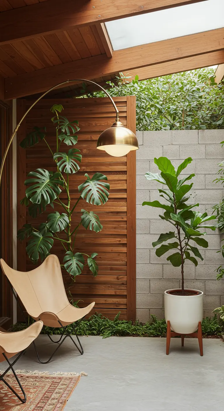 A mid-century modern patio with a monstera on a wood-slat wall and a brass arc lamp.