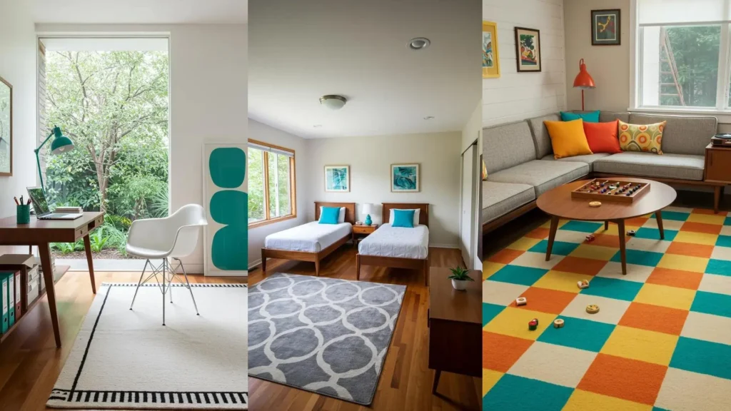 Mid-century modern interiors showing walnut furniture, geometric rugs, and vibrant retro color pops.