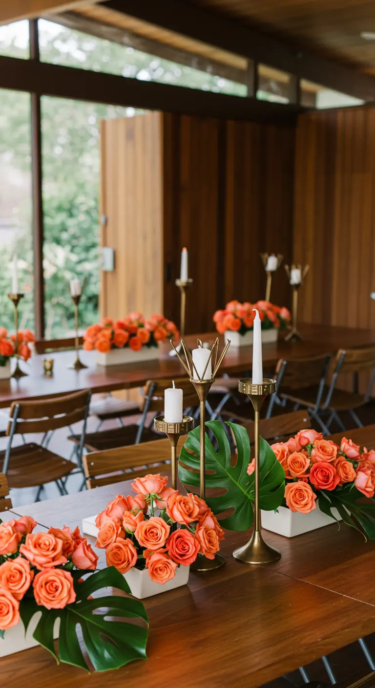 Mid-century modern table setting with coral roses, monstera leaves, and brass accents.