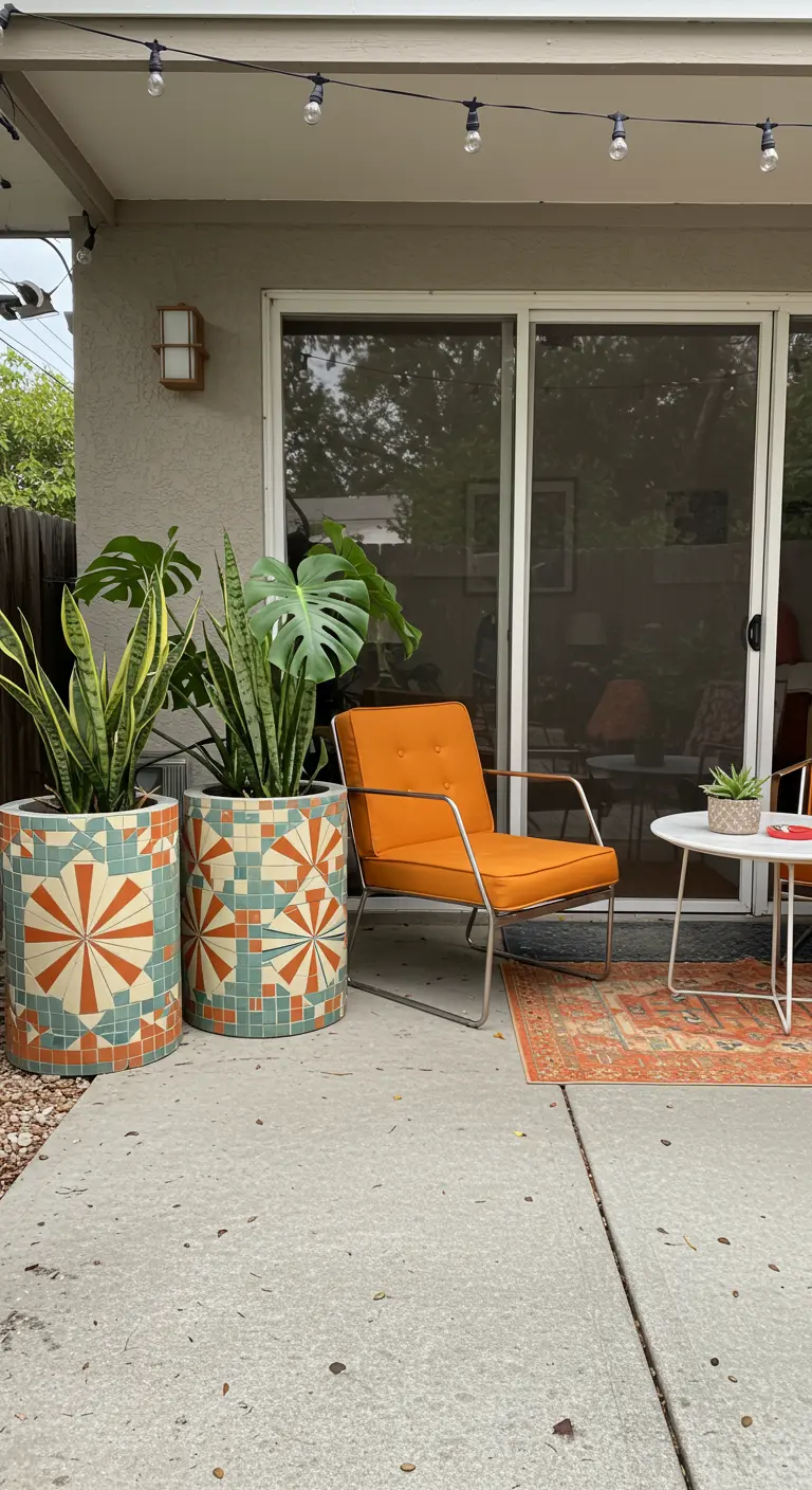 Two planters with a retro orange and teal geometric mosaic flank a mid-century modern chair.