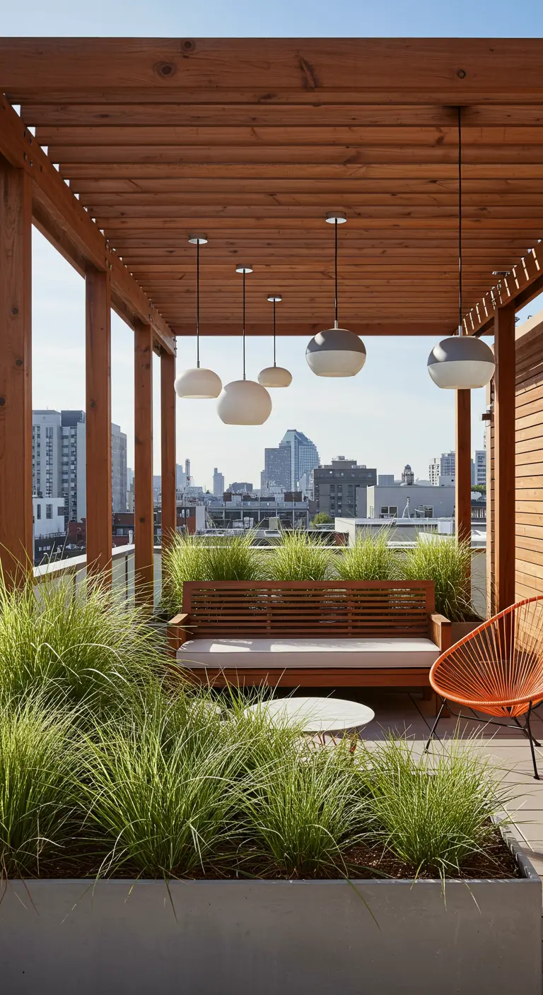 A rooftop deck with a wooden pergola, a bench, and modern pendant lights hanging above.