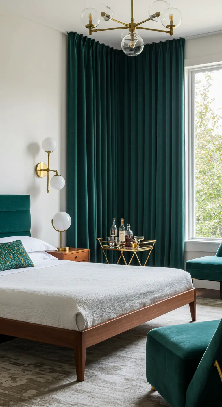 Mid-century modern bedroom with teal velvet accents, a wood bed frame, and gold lighting.