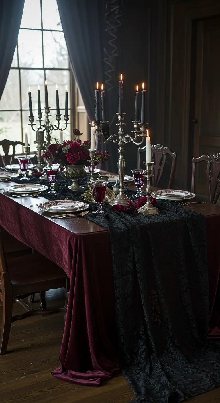 Moody tablescape with black lace, red velvet, and black taper candles.