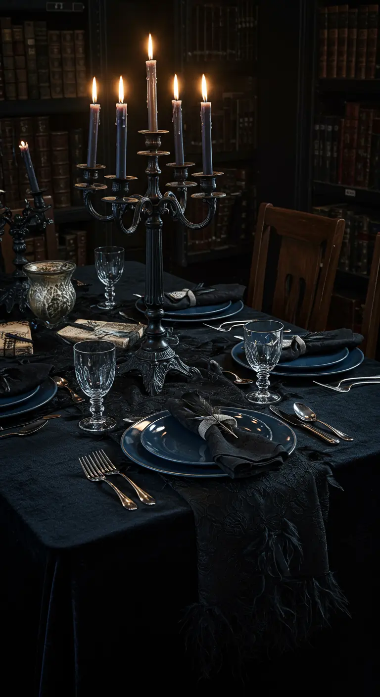 A dark tablescape with a black candelabra, midnight blue plates, and black napkins.