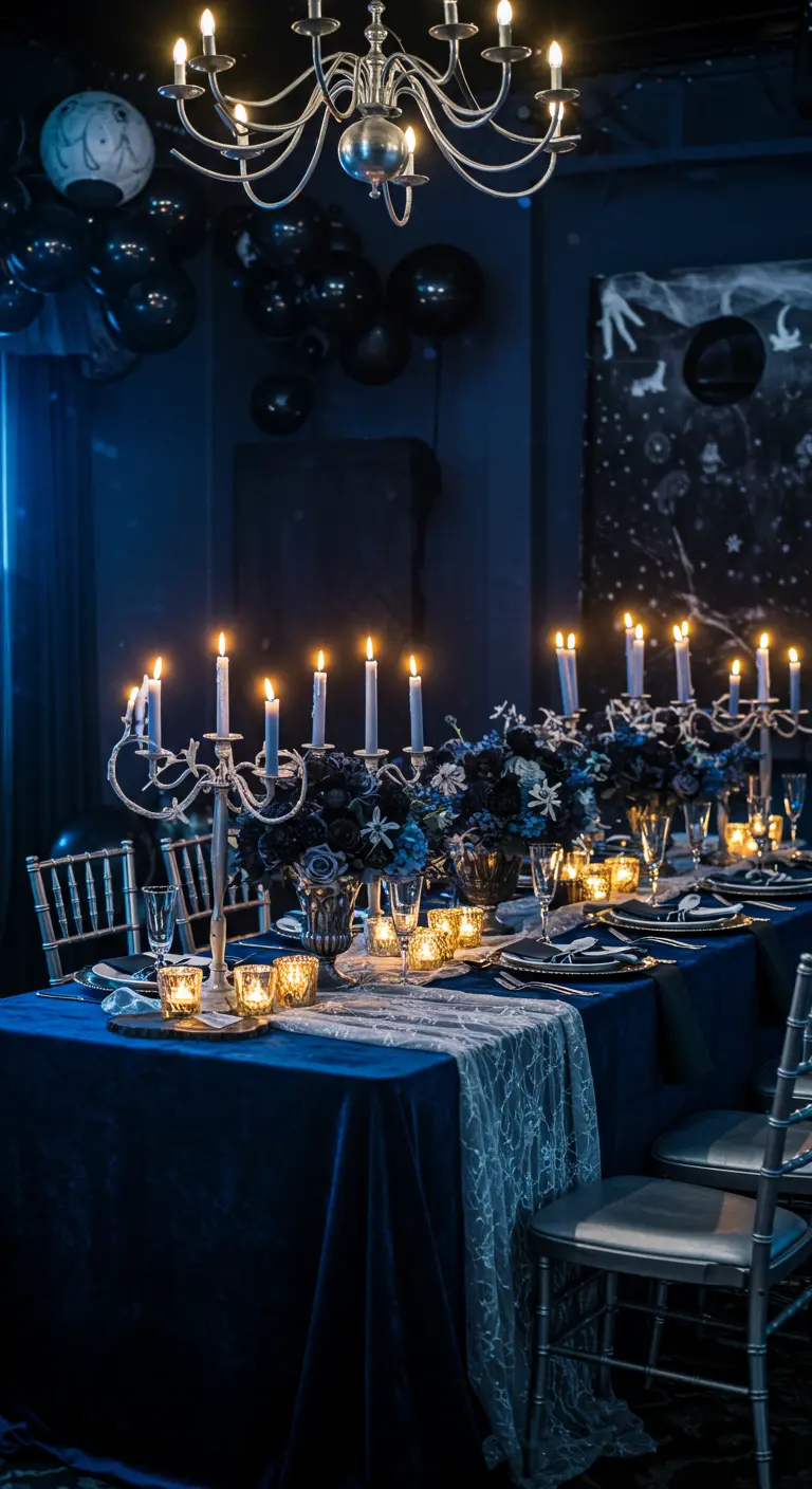 A dramatic tablescape with a deep blue tablecloth, silver candelabras, and blue and black flowers.