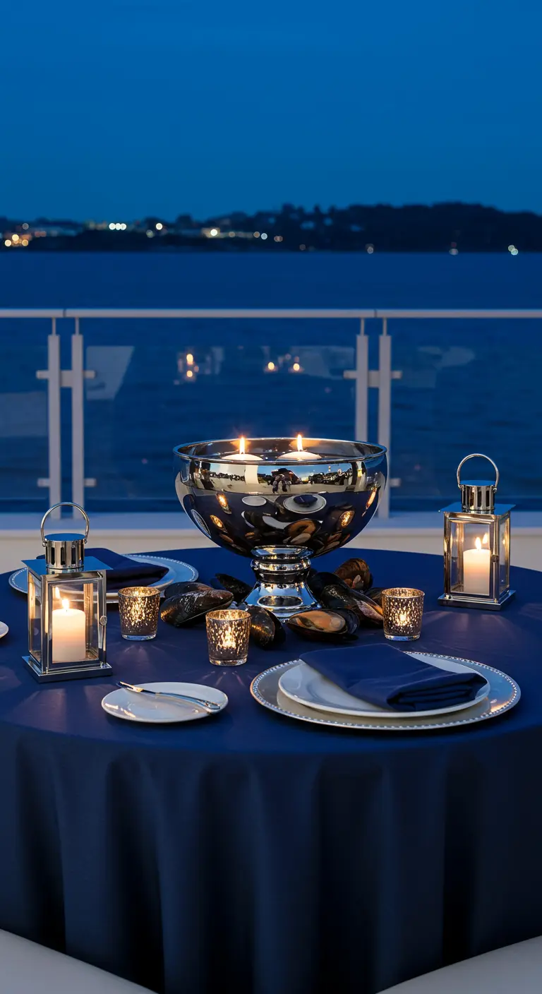 Elegant night table with a navy cloth, silver punch bowl centerpiece, and chrome lanterns.