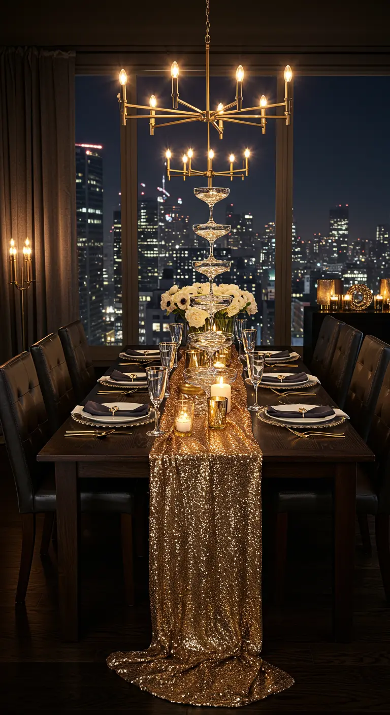 Elegant dining table with a gold sequin runner and a champagne glass tower centerpiece.