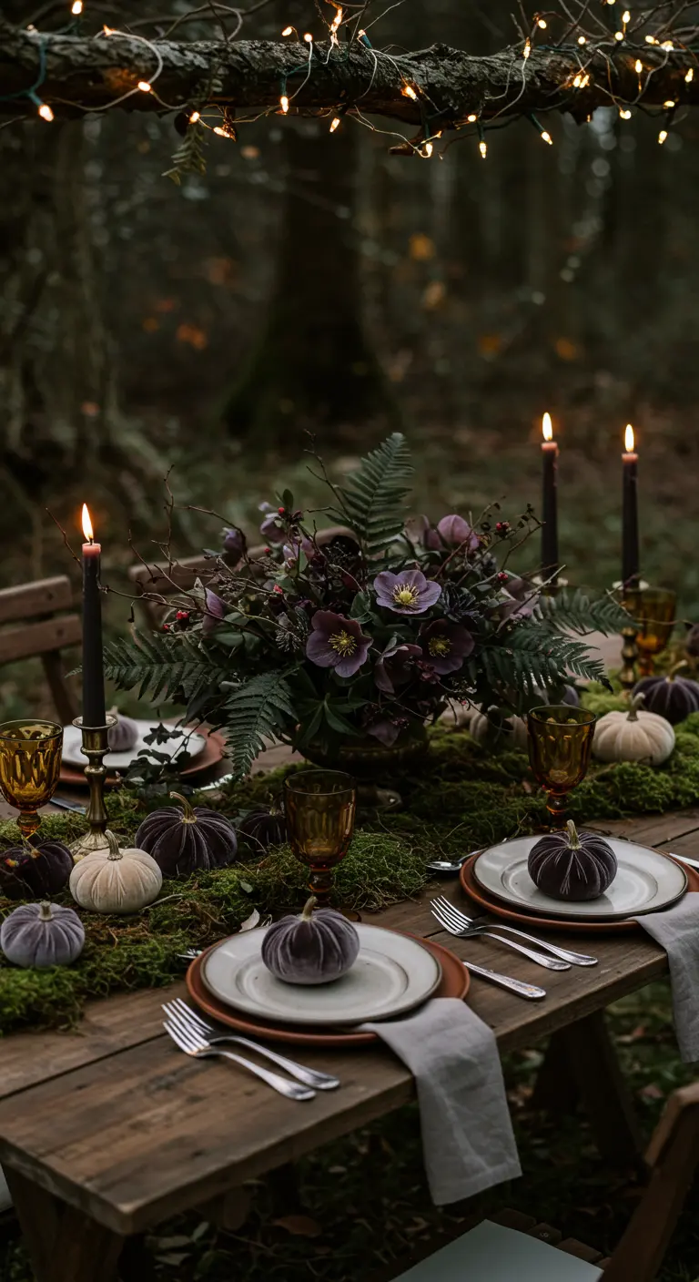 Woodland table with a moss runner, lavender velvet pumpkins, and fairy lights.