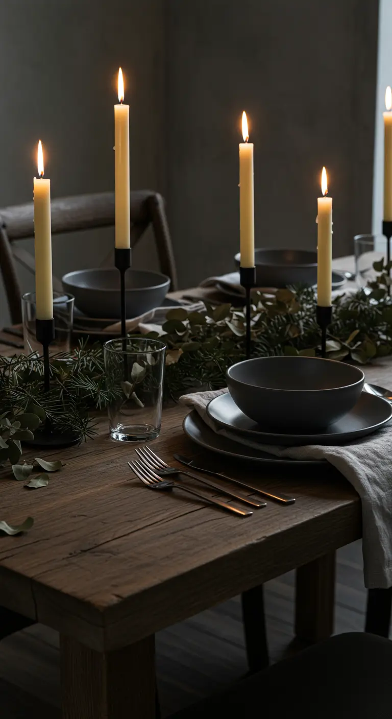 A moody tablescape on dark wood with black bowls, tall candles, and an evergreen runner.