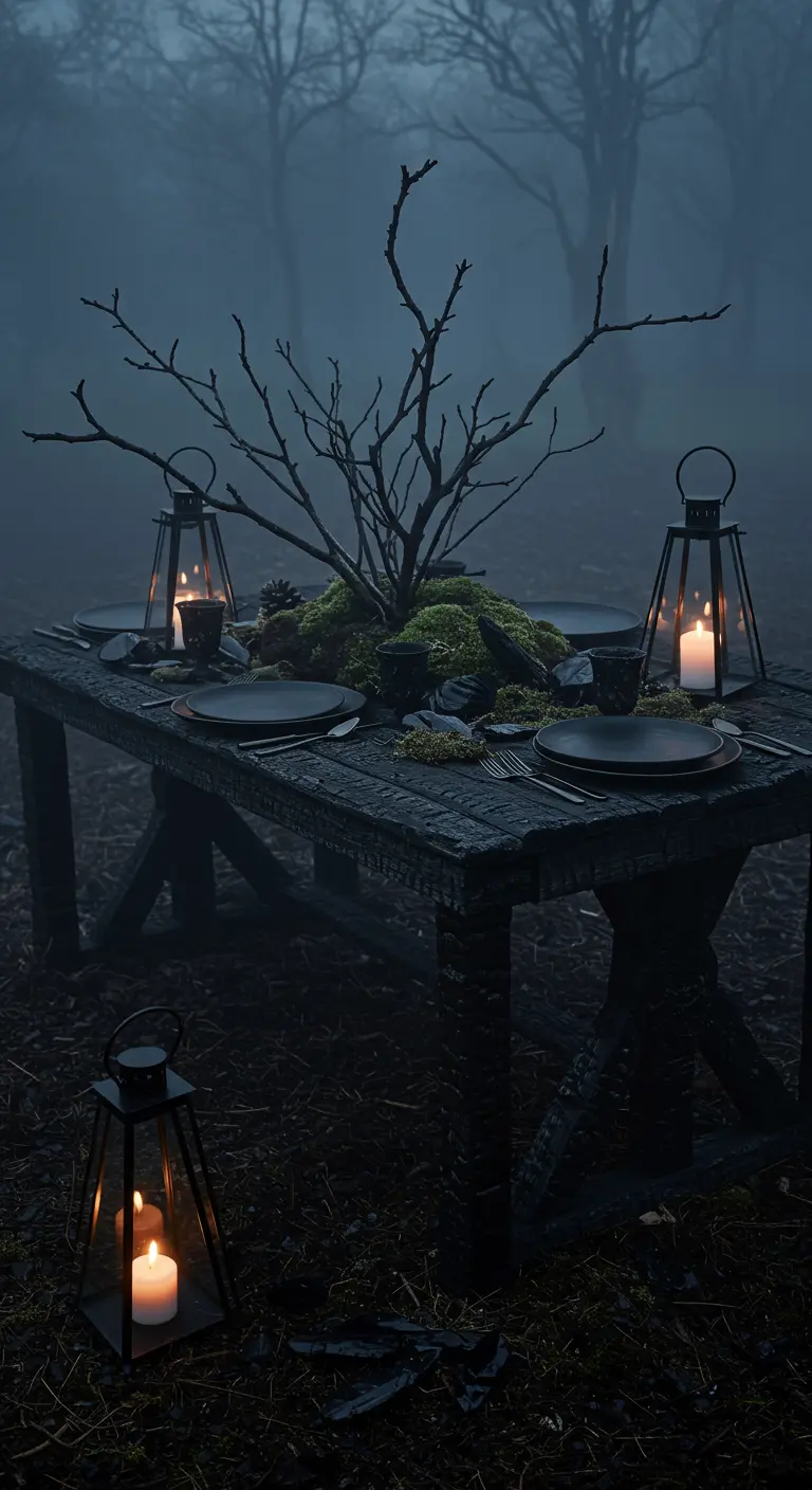 A charred wood table in a foggy forest with a moss and branch centerpiece and lanterns.