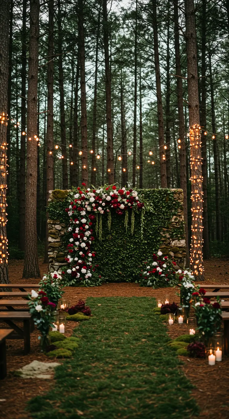 A mossy stone wall with red and white flowers at a forest wedding altar lit by string lights.